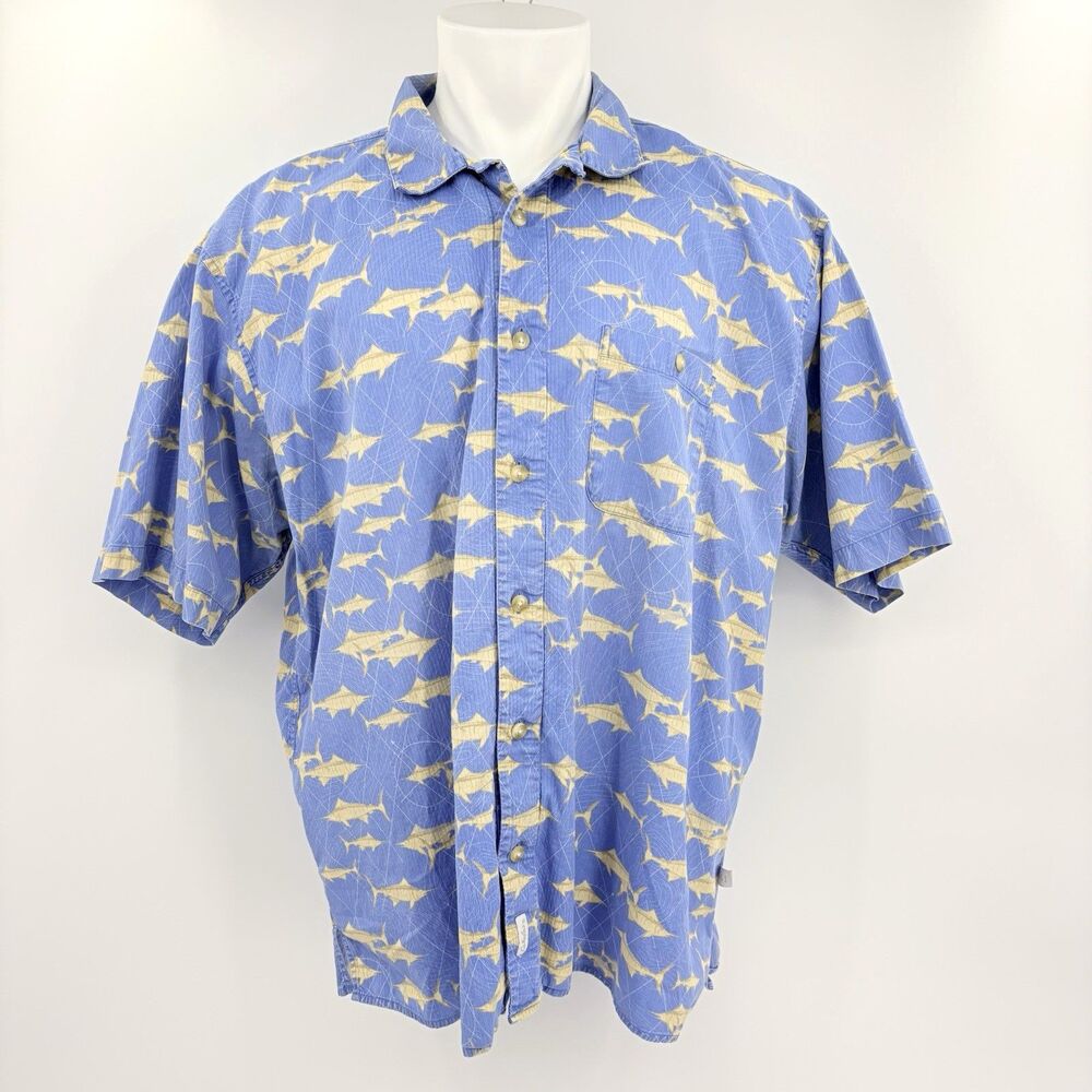 Cabelas Button Up Down Shirt Mens XL Marlin Fish Novelty Print Outdoors Boating